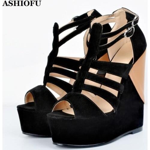 ASHIOFU Handmade Womens Wadge Heel Sandals Buckle Strap Sexy Club Party Dress Shoes Real Photos Evening Fashion Sandals XD075