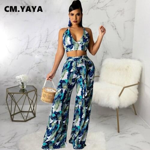 CM.YAYA Women Set Print Sleeveless Bandage Halter Crop Tops Wide Leg Pants Two 2 Piece Sets Sexy Fashion Outfits Summer 2021