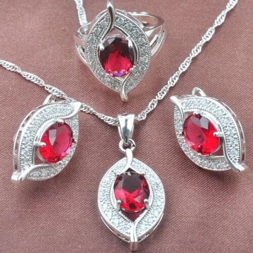Eye Design Rose Red Stone Cubic Zirconia WomensSilver Plated Jewelry Sets Pendant Earrings Ring TZ0235