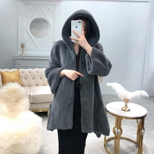 Real Mink Fur Women Regular Length Coat with Hood Winter Thick Slim Warm Female Mink Fur Long Jacket