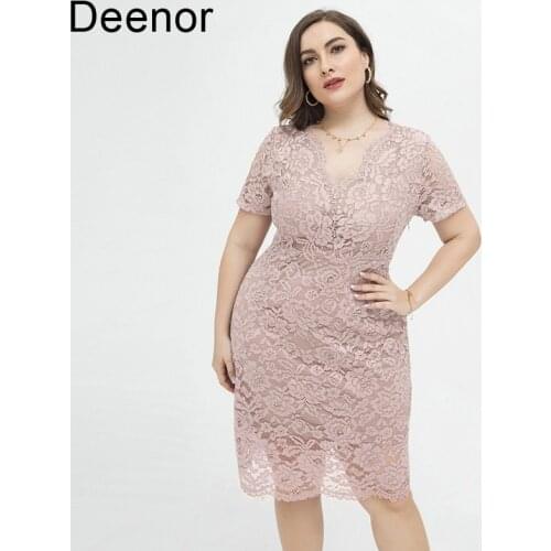 Deenor Plus Size Dresses for Women Slim Lace Wrap Hip V-neck Dress Summer Short Sleeve Elegant Party Dresses