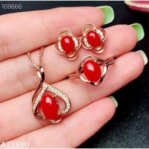 KJJEAXCMY Fine jewelry 925 sterling silver inlaid natural red coral ladies pendant necklace support detection new set