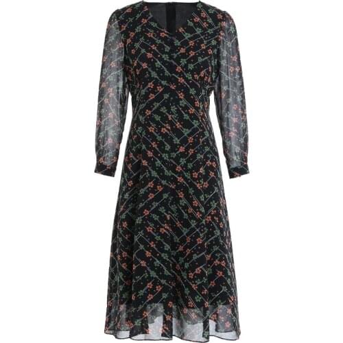 Gowani Women Spring Autumn Casual Dress Floral-printed V-neck Sheer 3/4 Sleeve Fit & Flare Elegant Ladies Knee Length Dres