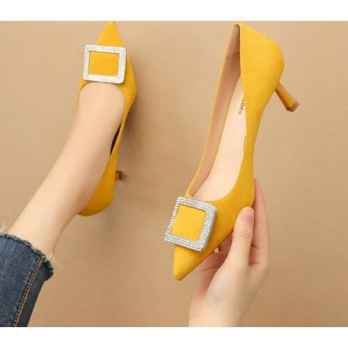 2020 Women 6.5cm High Heels Blue Prom Pumps Lady Plus Size 9 Pointed Toe Valentine Low Heels Scarpins Yellow Green Office Shoes