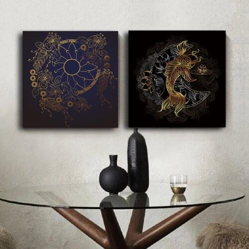 Abstract Black Gold Line Stroke Sun Moon Painting Totem Koi Gecko Beautiful Pattern Decorative Painting Poster Bedroom Home Deco