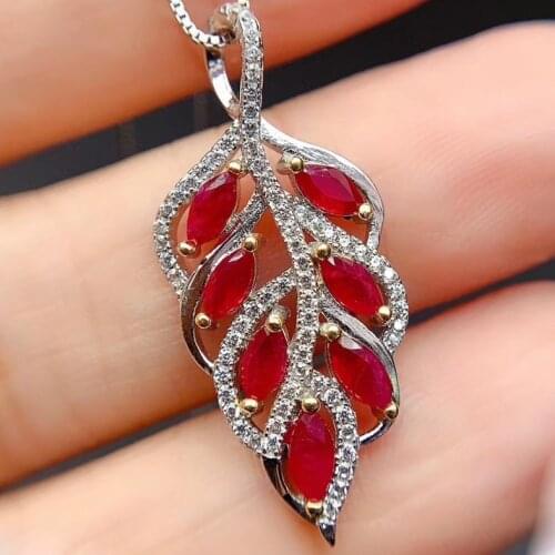 CoLife Jewelry Classic Silver Leaf Pendant with Ruby 2mmx4mm Natural Ruby Necklace Pendant 925 Silver Ruby Jewelry