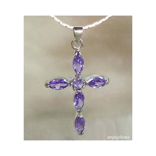 Purple Cubic Zirconia Amethyst Crystal White Gold Plated Cross Pendant Necklace