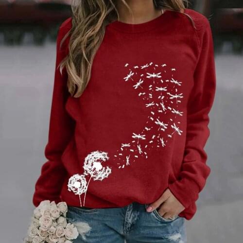 40#Women T-Shirts Casual Dandelion Printed O-Neck Long Sleeve Tops Spring Elegant Harajuku Vintage Graphic T Shirt футболка