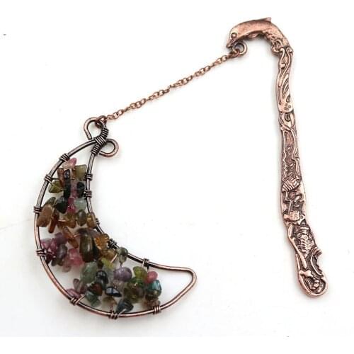FYSL Copper Wire Wrap Crescent Moon Tourmaline Stone Bookmark Pendant Red Agates Classic Jewelry
