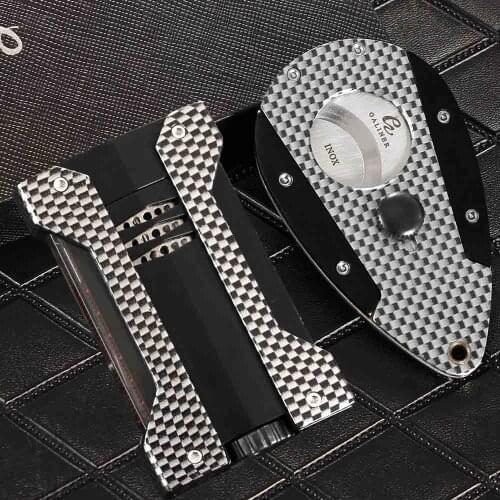 Galiner Luxury Cigar Lighter Cutter Set Travel Carbon Filber Butane Gas 1 Torch Lighters Metal Cigar Cutter Sharp Guillotine