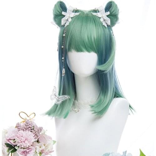 CosplayMix 42CM Lolita Halloween Party Synthetic Hair Straight Bob Green Mix Lake Blue Ombre Bangs Medium Cosplay Wig+Cap
