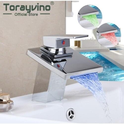 Bathroom Solid Brass Faucet Chrome Taps Bathroom Faucet Deck Mount Basin Mixer Tap LED Waterfall Mixer Tub Faucets