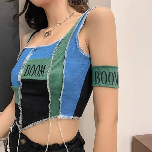 Hot Sale Patchwork Gothic Tank Tops Punk Letter Printed Fashion Color Blocking Crop Top Tassel Sleeveless Women Streetwear Vest