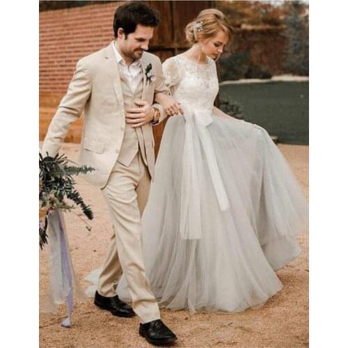 Lace Top Silver Grey Tulle Wedding Dress Short Sleeve Backless Ribbon Sash Robe de Mariee A Line Bridal Gowns Custom Size