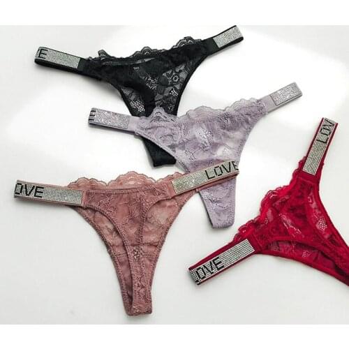 Lace Sexy Women Panties Underwear Rhinestone Letter Transparent G String Thongs For Female Low Rise Soft Ladies Briefs Lingerie
