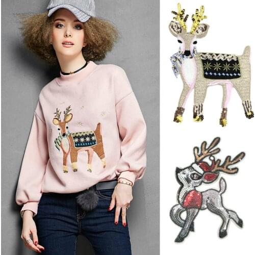 Cartoon Sequins Christmas Deer Embroidery Appliques Iron On Patches for Clothing Elk Head Stickers Cute Animal Badges Parches