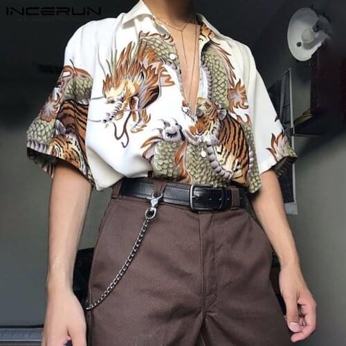 Man Loose Dragon Floral Shirts INCERUN Fashion Printed Men Shirts Short Sleeve Lapel Neck Blouse Vintage Button Camisa Plus Size