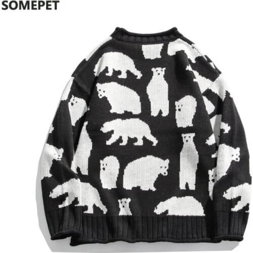 Men Sweater Vintage Polar Bear Pattern Hip Hop Streetwear Harajuku O-neck Oversize Pullover Sweter Acrylic Casual Male Sweaters