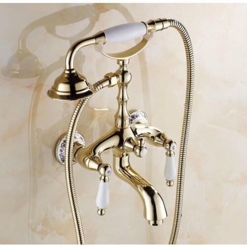 Wall Mount Golden Color Brass Bathroom Tub Faucet Set with 150CM Handheld Shower Spray Head Mixer Tap 2tf412