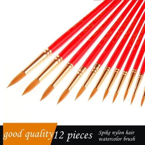 The New! 12 Flat-Front Watercolor Brushes Nylon Hair Brush Red Rod Flat-Front Brush Set Art Supplies