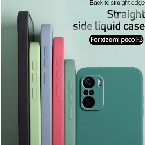 Original Square Liquid Silicone Case For Xiaomi Poco F3 Pocophone F 3 PocoF3 Soft TPU Camera Shockproof Cute Cover Coque Fundas