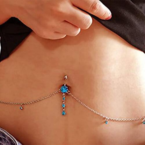 Lakewater Blue Zircon Pendant Sexy Rhinestone Dangle Belly Button Chain Waist Chain Navel Ring Navel Button Puncture Jewelry