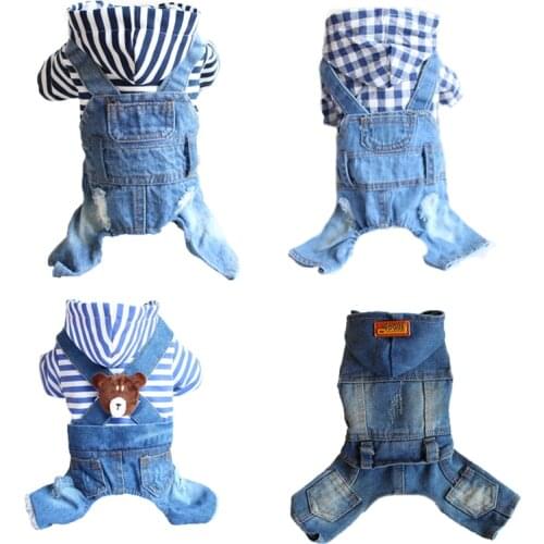 Stripe Denim Pet Dog Clothes Jean Hoodies Jumpsuits Coat Clothing For Small Dogs Plaid Casual Chihuahua Four-feet Jacket Apparel