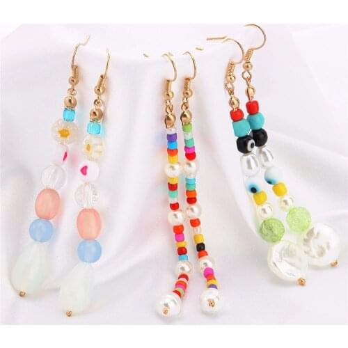 Boho Girl Pearl Drop Earrings For Women Handmade Colorful Beads Evil Eye Pendant Beaded Long Earring Party Jewelry Friends Gift