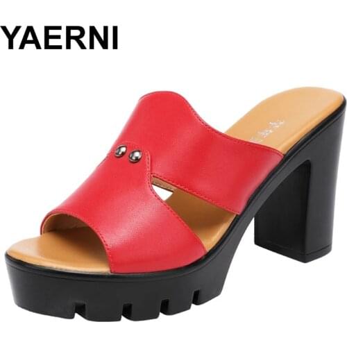 YAERNI Small Big Size 32-43 Block Heel Platform Shoes Women Slippers Summer 2021 Revit High Heels Slides for Ladies Office Thick