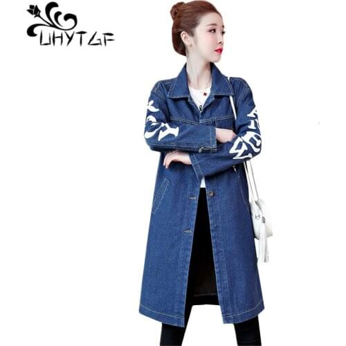 UHYTGF Spring autumn denim jacket women fashion single-breasted loose 5XL plus size coat elegant jeans Windbreaker jacket 1074