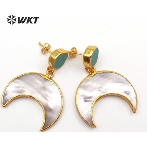 WT-E429 Exquisite Design Crescent Shape Pearl Shell Mosaic Inaly Natural Stone Gold Dipped Drop Earring Gift For Women