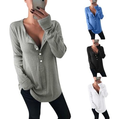 Korean Clothes Women Cotton T Shirts Fashion Sexy V Neck Button Long Sleeve Pull Sleeve Loose Femme T Shirt Tops