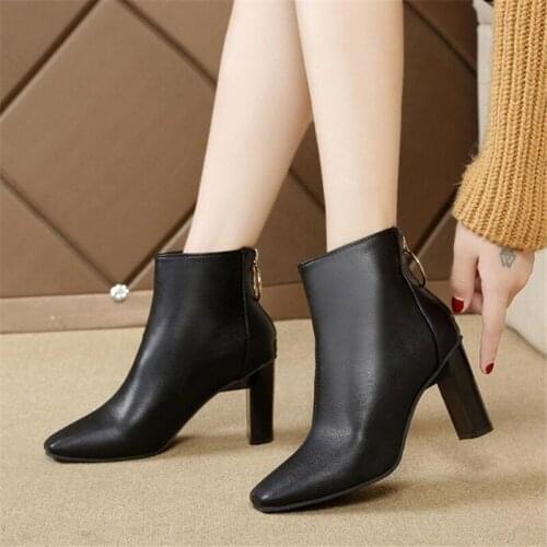 2021 Autumn Winter Shoes Women High Heels Boots Warm Shoes Women Ankle Boots Office Ladies 7cm High Heel Fashion Womens Shoes