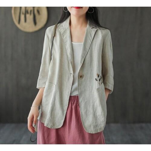 Women Summer Linen Embroidered Blazer Jacket Ladies Vintage Flax Loose Coat 2020 Vintage Embroidery One Button Coat
