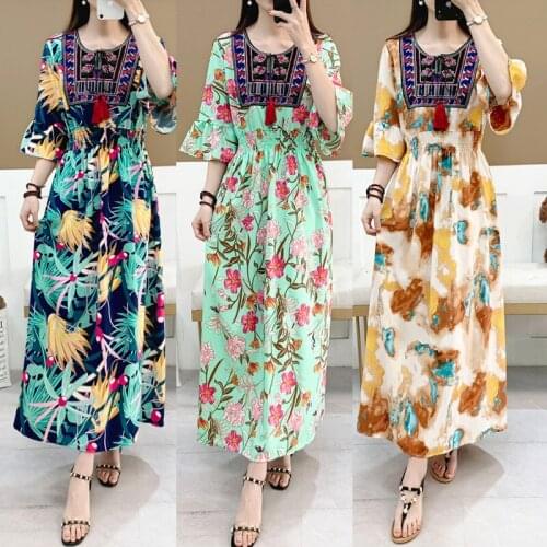 Womens summer dress Floral Print Vintage Office Dresses Plus Size Boho High Waist Party Maxi Sundress Summer Holiday