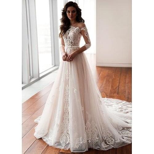 Lace Wedding Dress 3/4 Long Sleeves 2019 Vestidos de novia Sheer O neck Sexy Bridal Gown Elegant Close Back Wedding Gowns