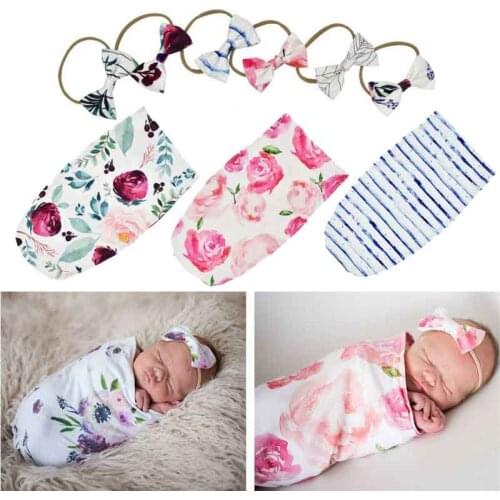 Newborn Photography Prop Baby Blankets Printed Newborn Infant Baby Boys Girls Sleeping Swaddle Muslin Wrap +Headband 2PCS