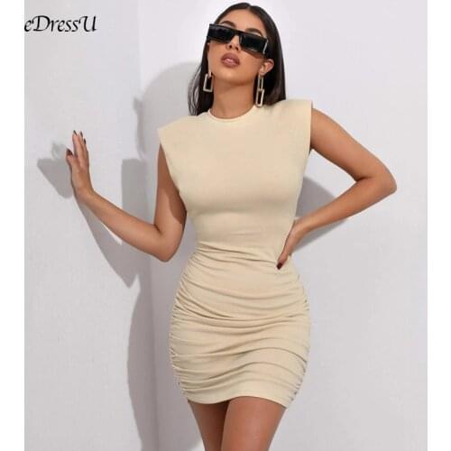 2021 Women Pleated Sheath Dress Sexy Black Beige Party Dress Club Bodycon Sleeveless Above Knee Stylish Lady Daily Wear LH-8784
