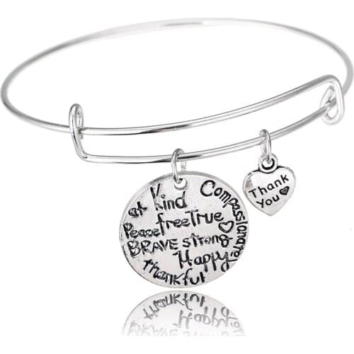 36PCs Adjustable Bangles Kind Happy Strong Thankful Brave Round Pendant Bracelets Women Men Friend Souvenirs Party Gifts Jewelry