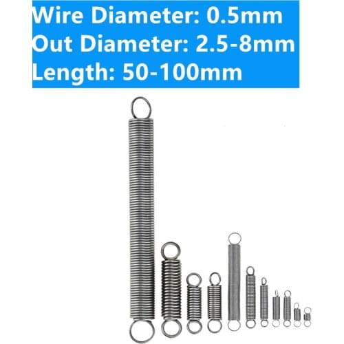 5PCS 0.5mm Spring Steel Dual Hook Tension Spring Hardware Accessories 50-100mm Tension Spring 2.5 3 4 5 6 7 8mm