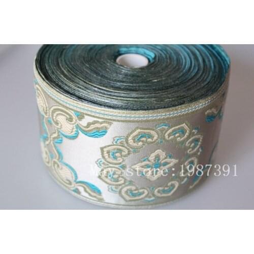 5 yards/lot Woven Jacquard Ribbon 9cm flowers light blue background For curtain and clothing accessory LS-0404