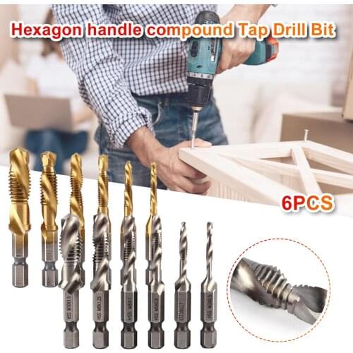 6Pcs 1/4 Inch Hexagon Shank Screw Thread Metric Tap Drill Bits Screw Machine Compound tap M3 M4 M5 M6 M8 M10 Drill Tap Bit Set