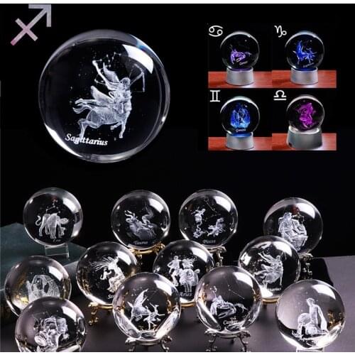 60mm/80mm 3D Zodiac Sign Star Crystal Ball Laser Engraved Glass Sphere Crystal Craft Home Decor Birthday Gifts