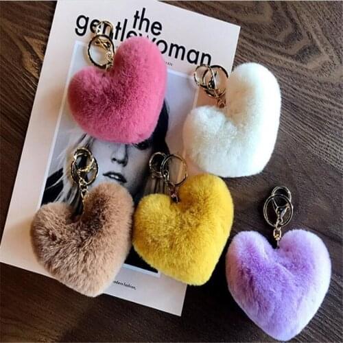 Heart Ball Pom Pom Keychain Fluffy Faux Rabbit Fur Pompom Key Chains Women Bag Charms Accessories Keyring B100
