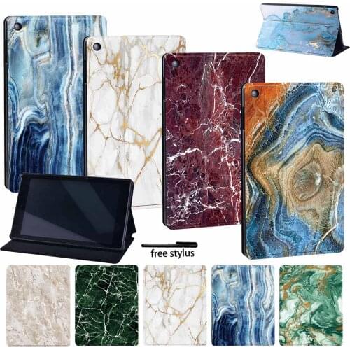 Tablet Case for Amazon Fire 7/Fire HD8/Fire HD10 Pu Leather Marble Series Tablet Cover Case + Free Stylus