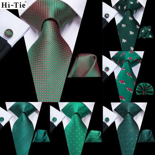 Hi-Tie Men Necktie Green Solid Paisley Silk Wedding Tie For Men Hanky Cufflink Set Business Party Dropshipping Fashion Designer