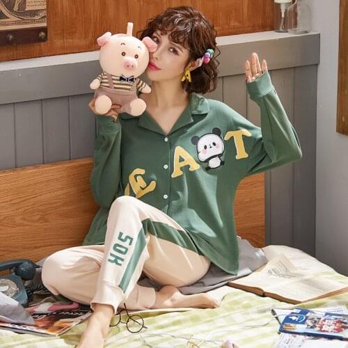 Cotton Pajamas For Women Lapel Cute Printing Nightwear Suit Soft Lovely Girl Loungwear Spring Korea Sleepwear Pijama Mujer