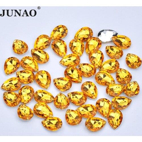 JUNAO 13x18mm 18x25mm Sewn Yellow Big Drops Rhinestone Applique Point Back Acrylic Strass Sewing Stones For Needlework Crafts