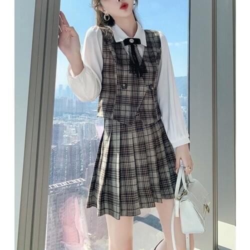 Two Piece Set Preppy Style Pleated Skirt And Pullover Tops Vintage Ensemble Femme Spring Autumn Chic Matching Outfits Girl