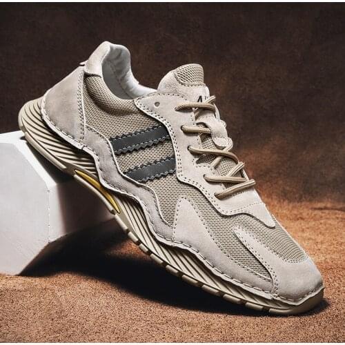 Big Size New Men Genuine Leather Casual Shoes Spring Summer Breathable Air Mesh Patchwork Sneakers Comfortable Trainers